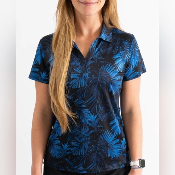 Yatta Golf Women's Midnight Blue Leaf Print Polo Shirt Large - Picture 1 of 8
